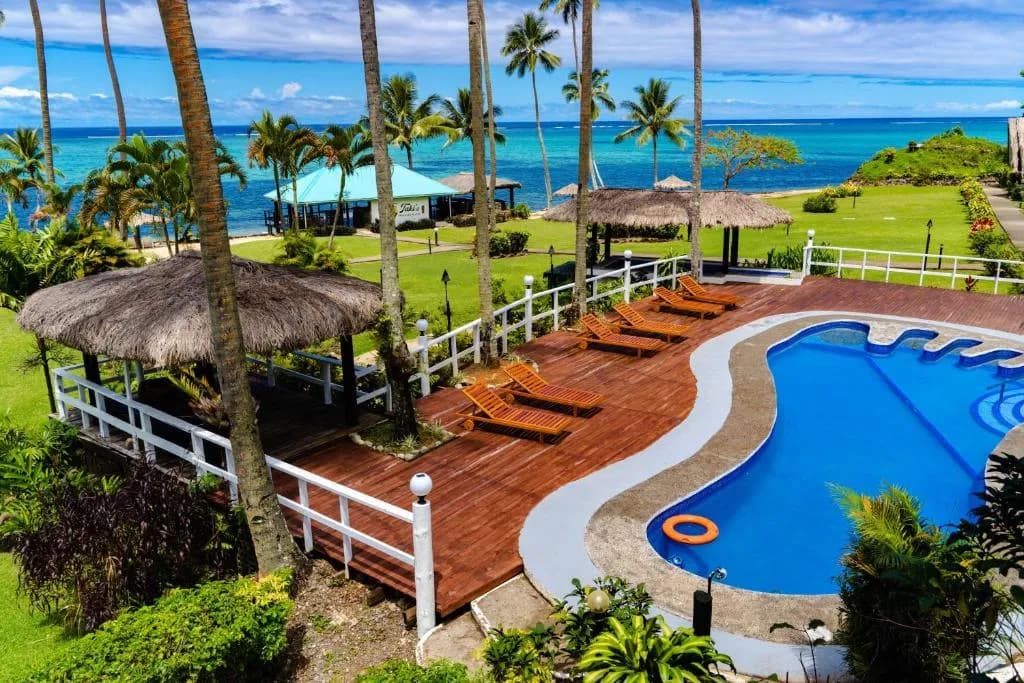 Aerial view of the foot-shaped pool area