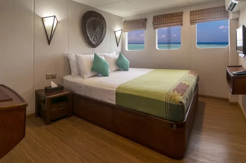 A modern cabin aboard the Carpe Diem Maldives.