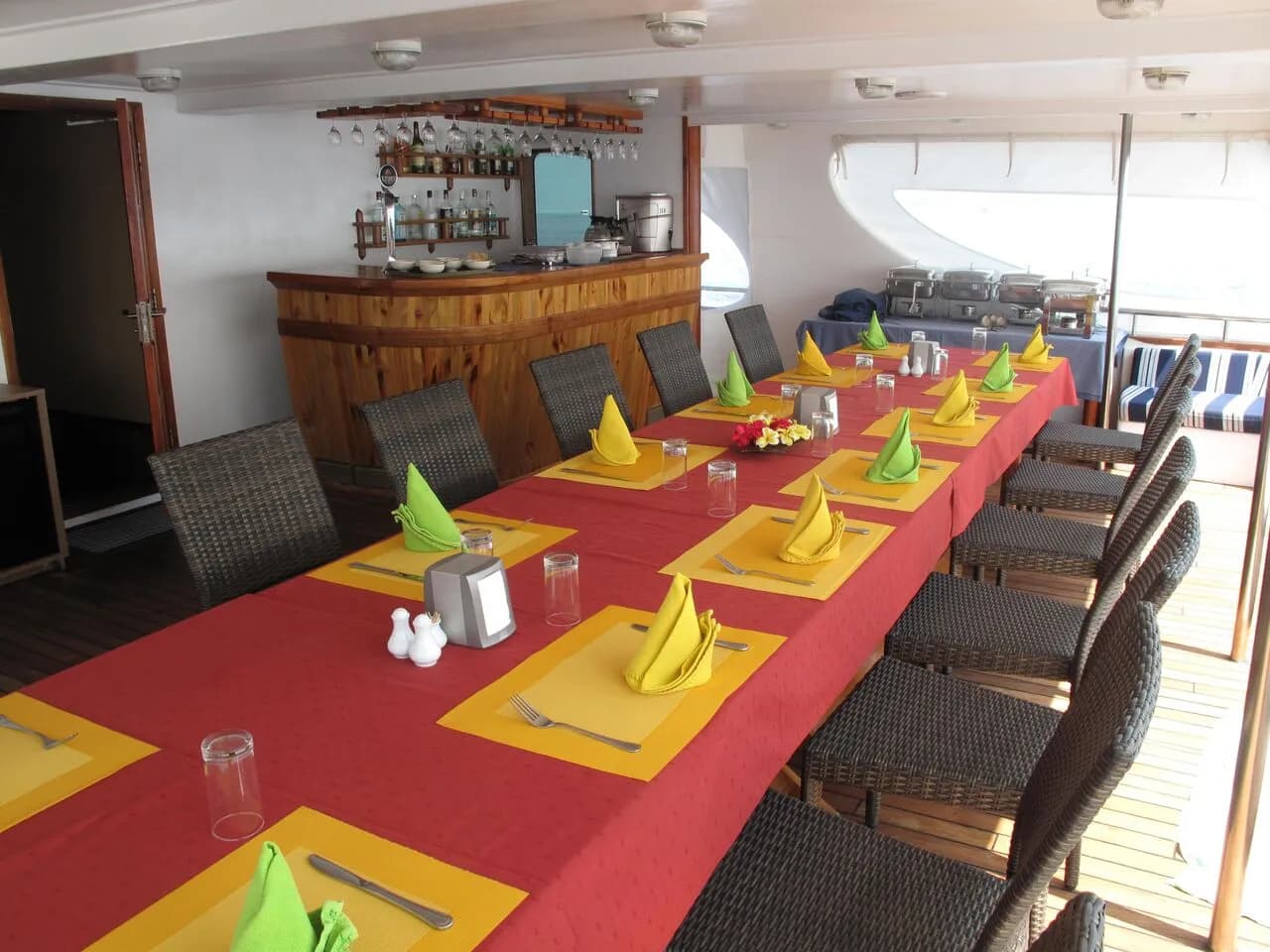A dining table aboard the Carpe Diem Maldives liveaboard.
