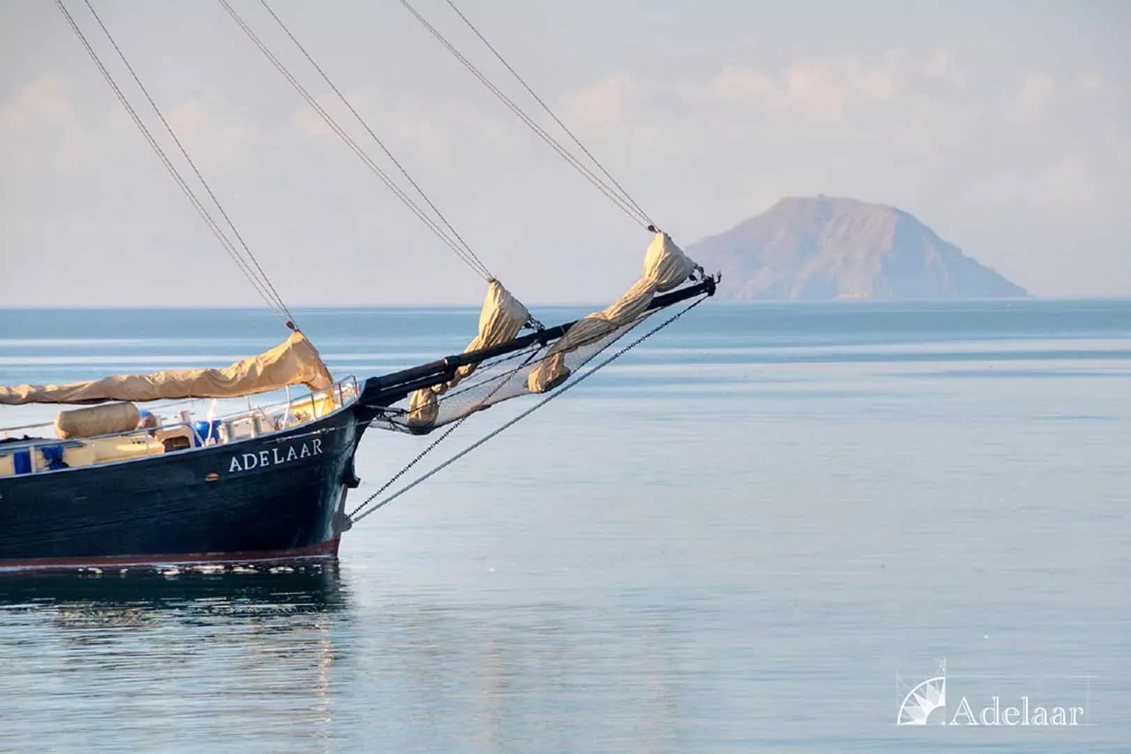 A sailboat named Adelaar glides on water with a majestic mountain rising in the background.