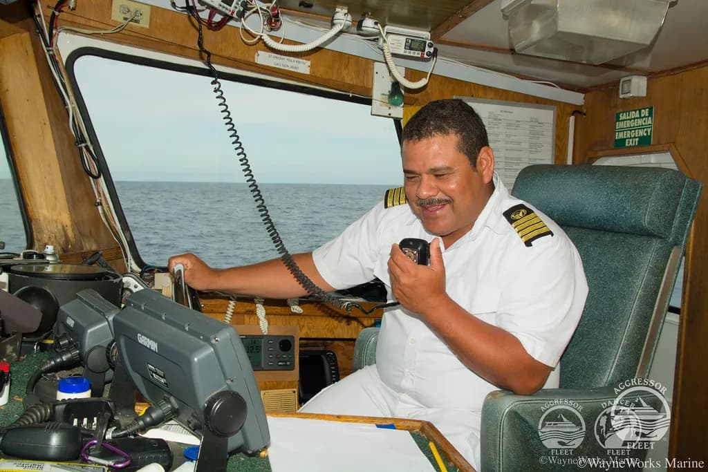 A captain aboard the Oceanic Aggressor II liveaboard in Costa Rica.