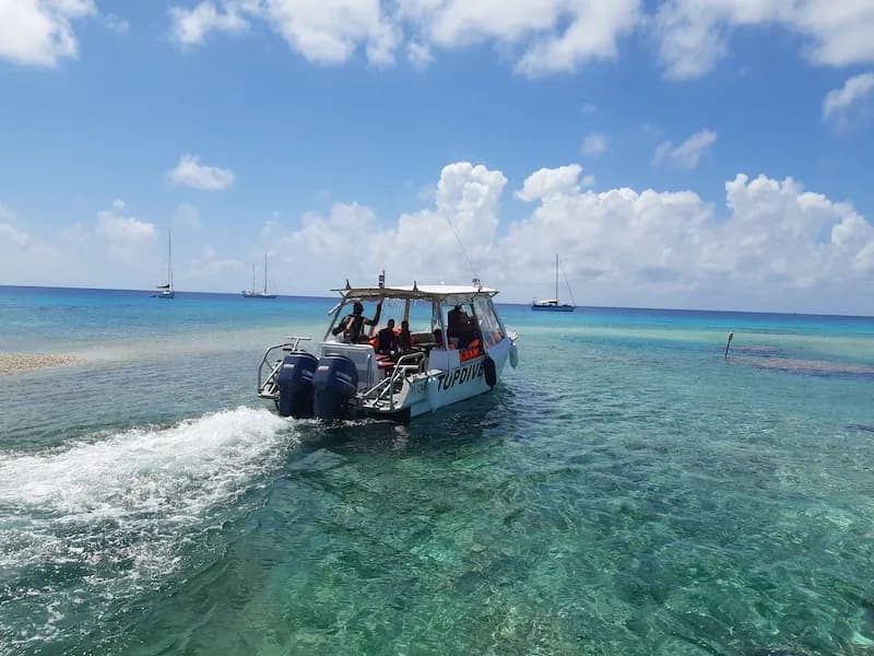 A dive boat pulls away from Motu Aito Paradise A dive boat pulls away from Motu Aito Paradise