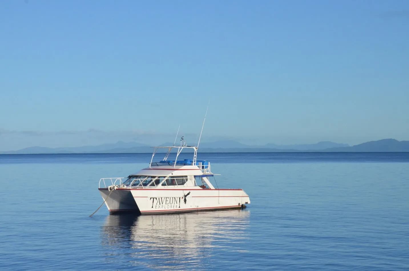 A view of the dive boat from the sea at Paradise Taveuni