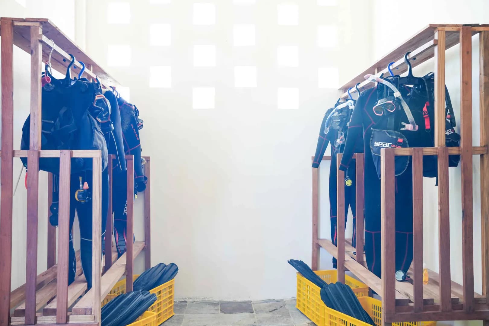 A scuba dive equipment drying area at Alor Tanapi Dive Resort.