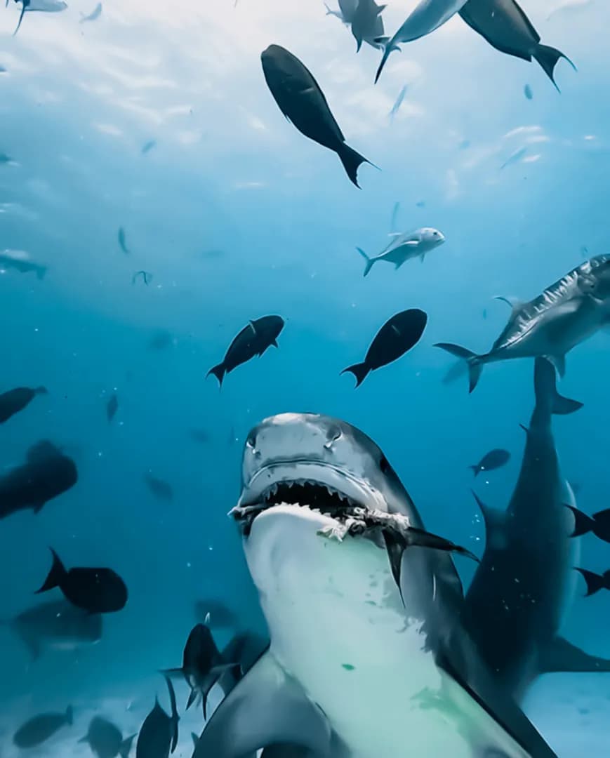 A shark feeding with a lot of fish in the background A shark feeding with a lot of fish in the background