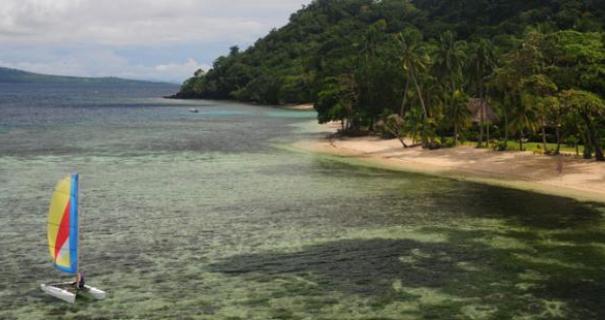 A beach with tropical foliage at Qamea Resort in Fiji