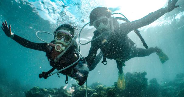 Two people scuba diving together at a family-friendly dive destination