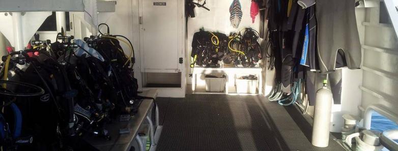 Scuba equipment on the dive deck of Aqua Cat Cruises