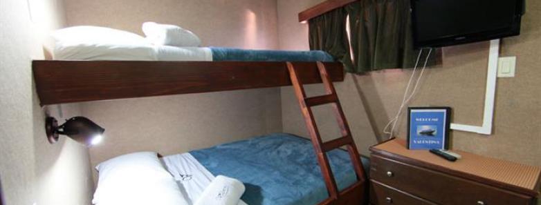Twin cabin bunks with a small dresser, TV, and window aboard the MV Valentina liveaboard.