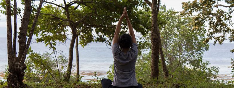 A person does a yoga pose at Plataran Menjangan Resort & Spa Bali