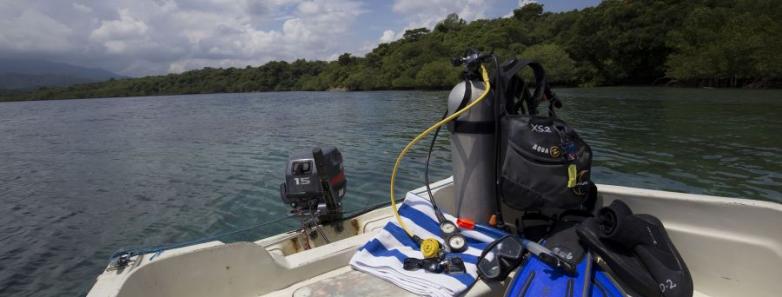 Scuba diving equipment on a small boat at Plataran Menjangan Resort & Spa Bali