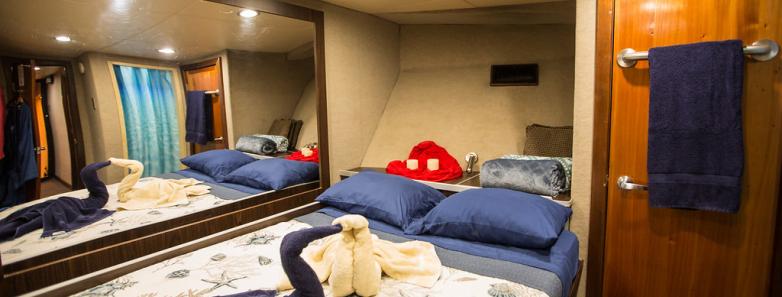 A cabin with a double bed aboard the Roatan Aggressor Liveaboard.