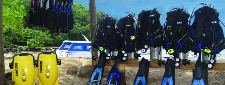 Scuba diving equipment ready to use at Waidroka Bay Resort