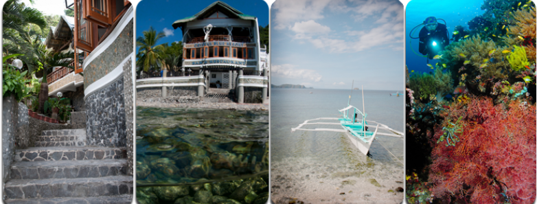 A collage of images of Anilao's Crystal Blue Resort in the Philippines.