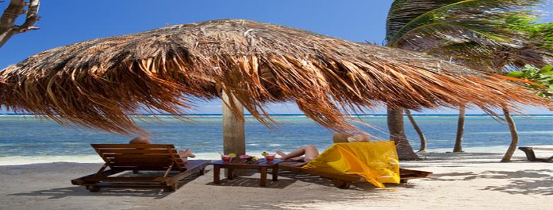 Beach loungers under a natural umbrella next to the ocean