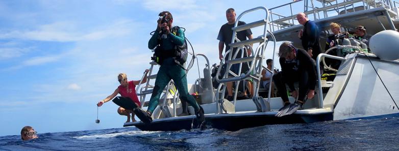 Scuba divers enter the water from the boat at Cayman Brac Beach Resort