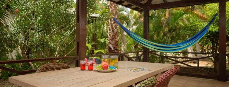 A covered patio furnished with a table, chairs, and hammock at Captain Don's Habitat, Bonairee