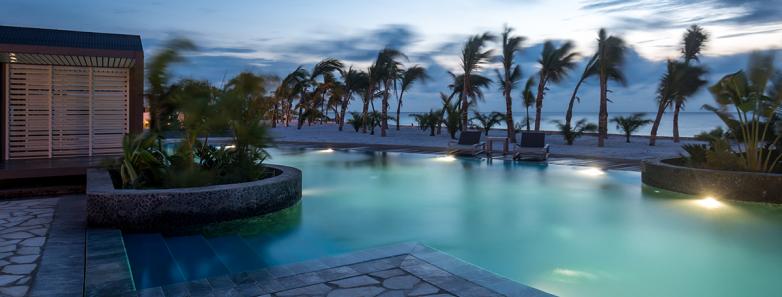 A stunning swimming pool with palm trees at Delfins Beach Resort Bonaire.