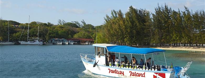 A dive boat cruises near Fantasy Island Roatan Resort.
