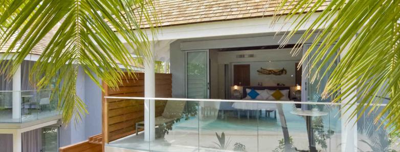 Exterior sundecks of a two bedroom beach house at Kuramathi Island Resort Maldives.