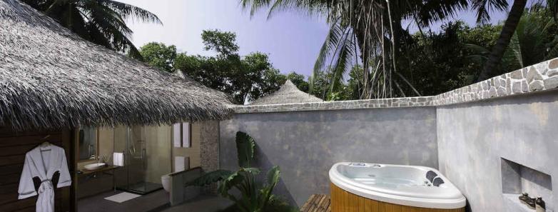 A hot tub in a beach bungalow at Kuramathi Island Resort Maldives.