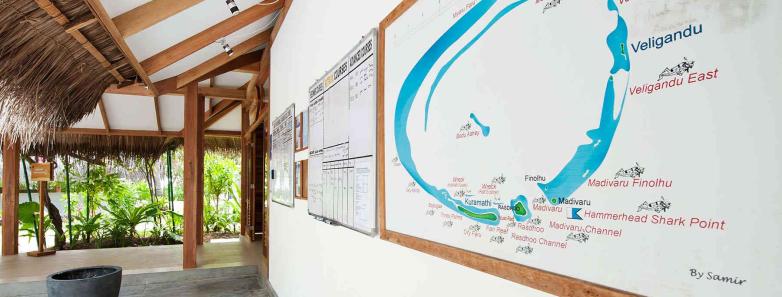 A map of dive sites at the dive center at Kuramathi Island Resort Maldives.