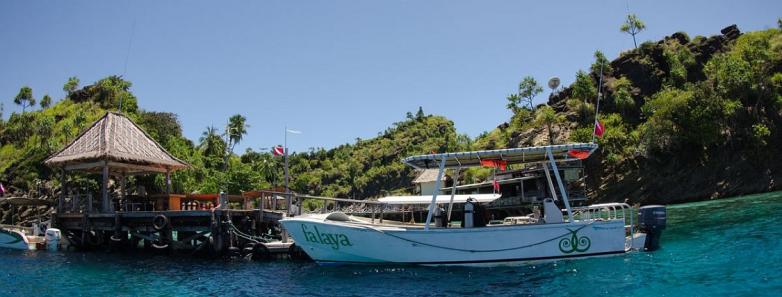 Dive boats at the Misool Resort jetty