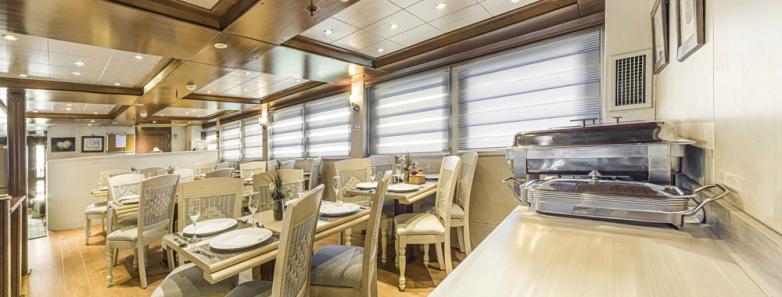 Dining room aboard the Royal Evolution liveaboard in the Red Sea.