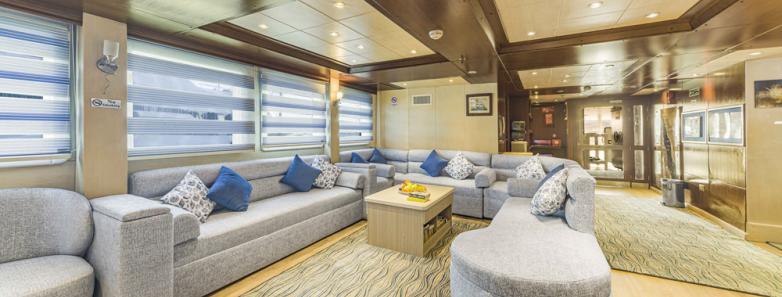 A lounge area on the Royal Evolution liveaboard in the Red Sea.