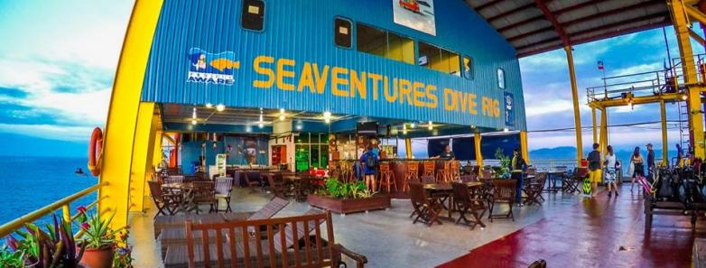 A main platform with seating areas on the Seaventures Dive Rig.